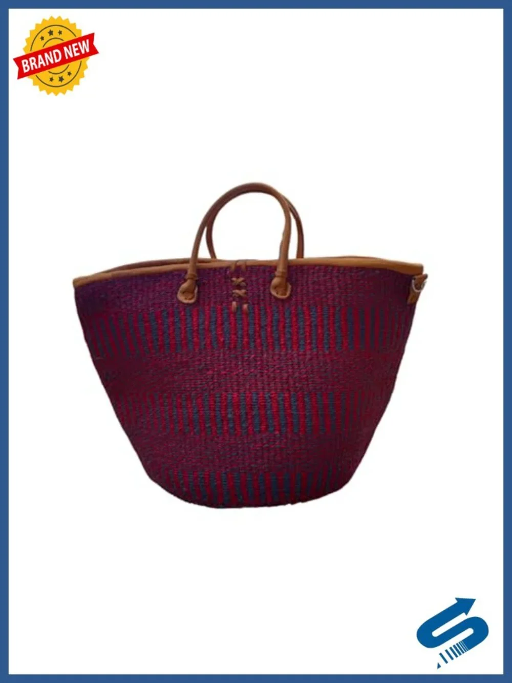 Handwoven Sisal Basket Tote Bag with Leather Handles